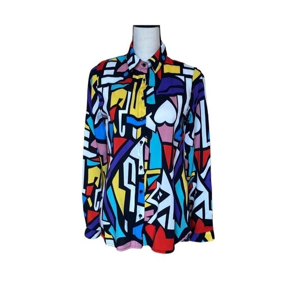 Abstract  printed color block colorful oversized button up shirt women Small/Med - Picture 3 of 16